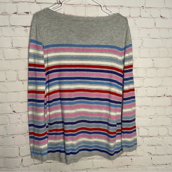 TALBOTS Womens SIDE BUTTON GRAY & MULTI-STRIPE BATEAU NECK SWEATER Cotton Size M - Picture 5 of 7